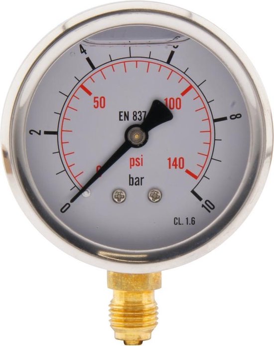 0..10 Bar Glycerine Manometer Onderaansluiting RVS/Messing 63 mm Klasse