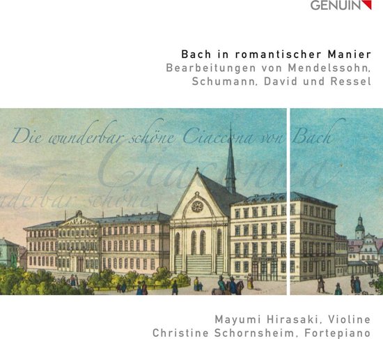 Albumhoes met historische stadsillustratie, getiteld 'Bach in romantischer Manier' door Hirasaki en Schornsheim.