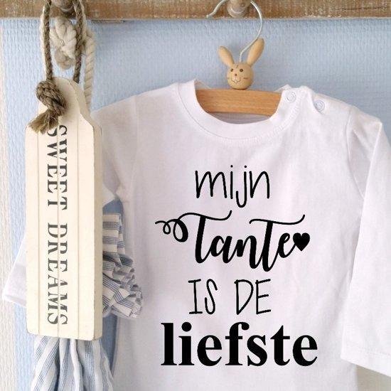 Baby shirtje jongen of meisje tekst mijn tante is de liefste | lange mouw T-Shirt | wit zwart| maat 80 |