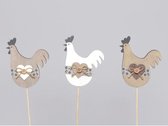 Figuren - W/b. 9 Wooden Roosters/stick White/grey/natural 8.5x10 Cm