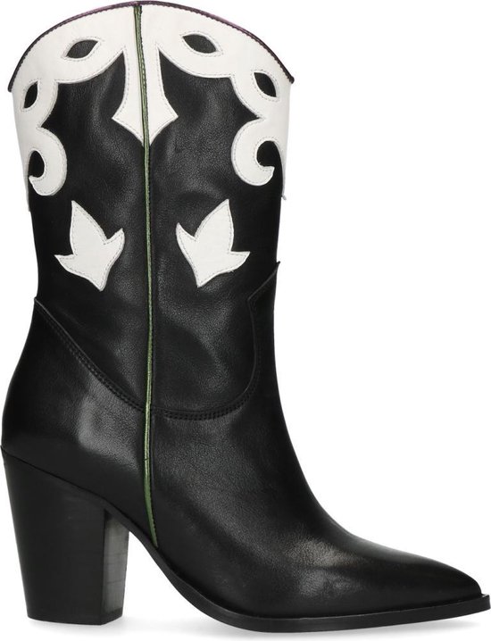 | Sacha Dames Zwarte leren cowboylaarzen met Zwarte cowboylaarzen met witte details Dames | MANFIELD