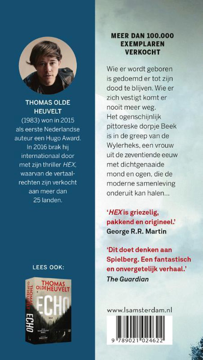 Achterkant boek 'HEX' met foto auteur Thomas Olde Heuvelt en recensies. Met link naar 'Echo'.