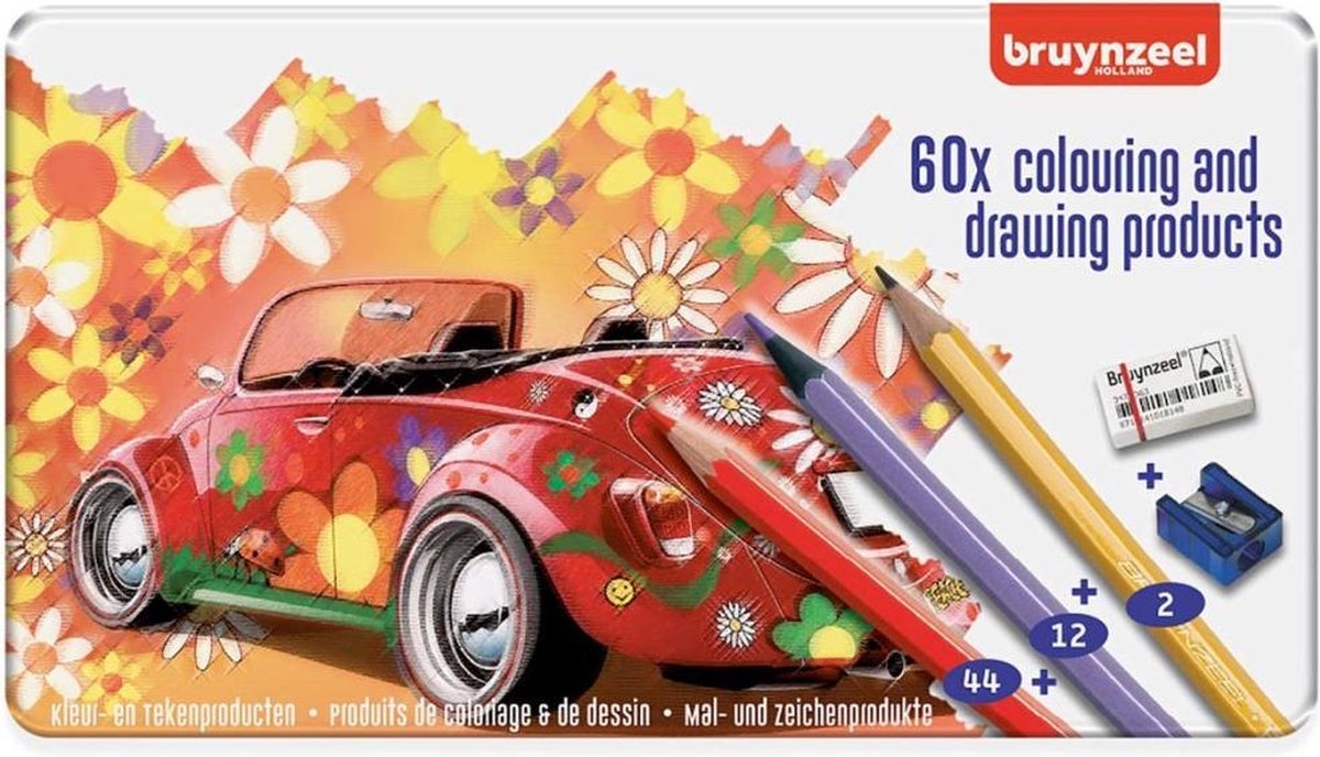 Bruynzeel - 60-delig kleurblik met potloden, gum en slijper - Super Sixties Kever
