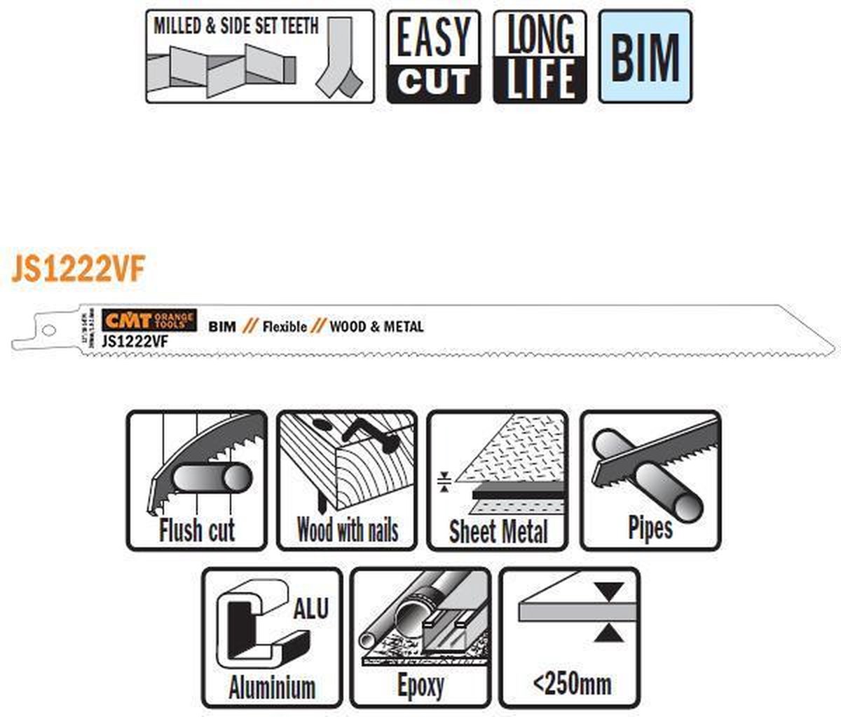 CMT JS1222VF-5 Bi-metaal reciprozaagblad 300 x 19 mm. 10-14tpi (hout met spijkers, plaatstaal, buizen, aluminium, glasvezel/epoxy)