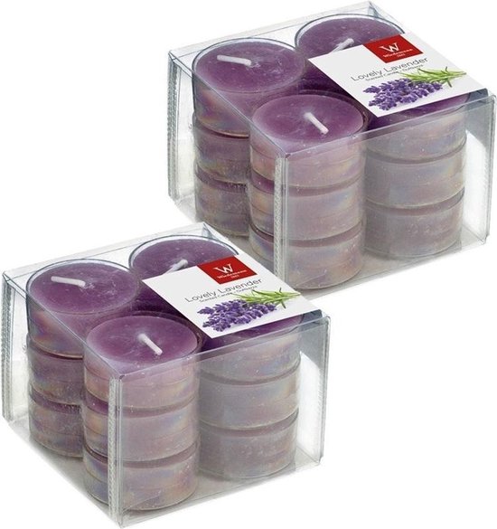 24x Geurtheelichtjes lavendel/paars 4 branduren - Geurkaarsen lavendelgeur - Waxinelichtjes