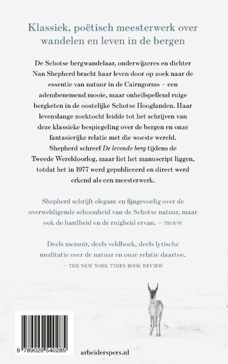 Boekrug 'De levende berg' met tekst en een hert in een besneeuwd landschap.