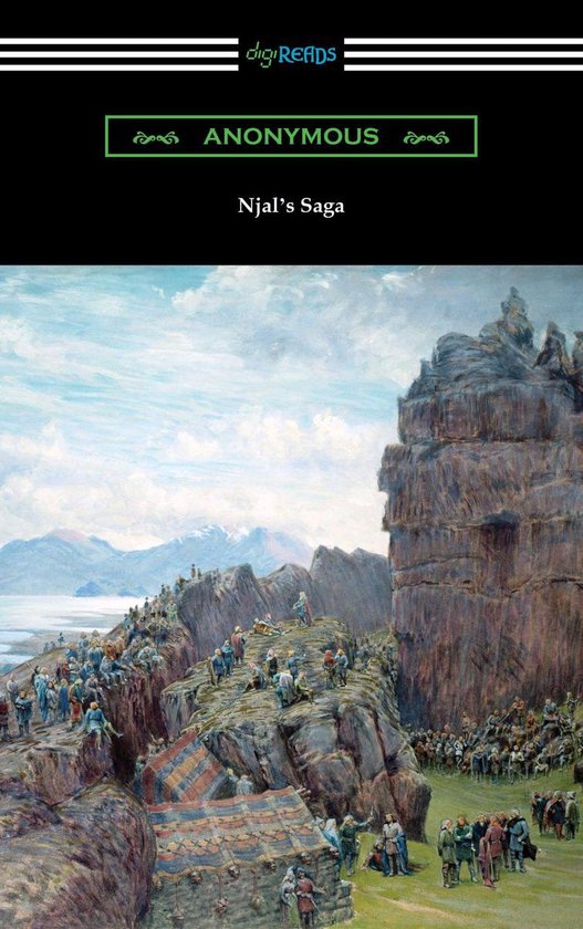 Boekomslag van Njal's Saga met een schilderachtige weergave van mensen op een rotsachtige kustlijn met bergen op de achtergrond.