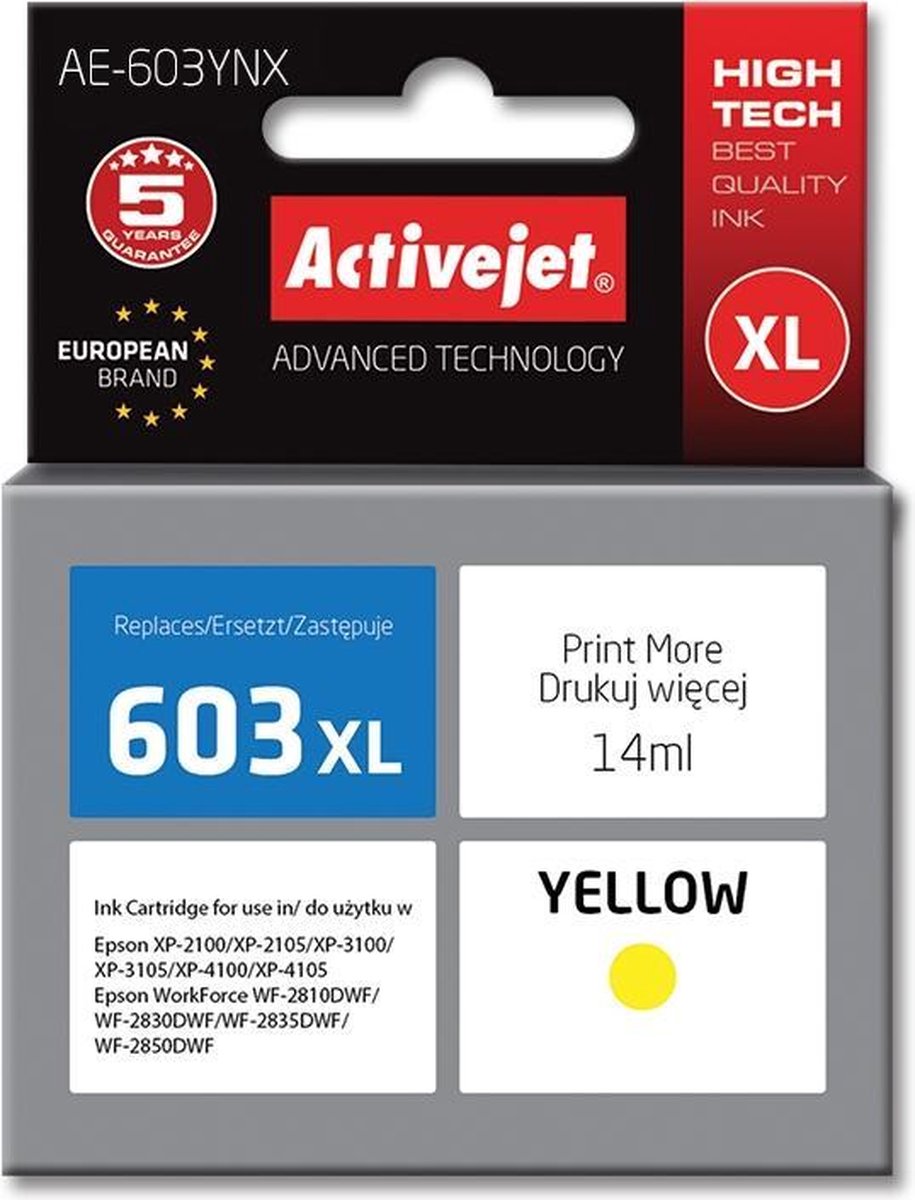 ActiveJet AE-603YNX-inkt voor Epson-printer, Epson 603XL T03A44-vervanging; Opperste; 14 ml; geel.