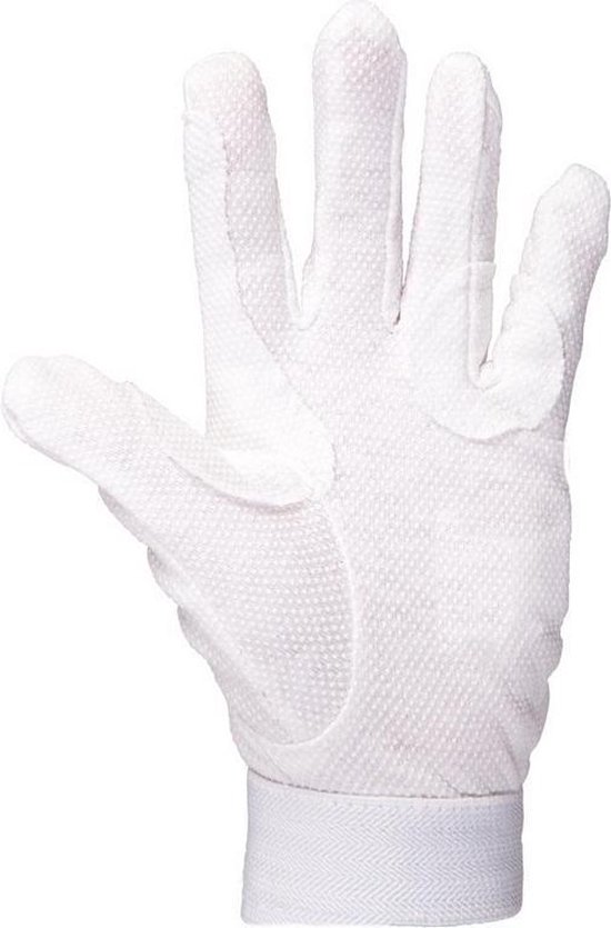 Witte rijhandschoen, zicht op de achterkant, met getextureerde handpalm en elastische polsband.