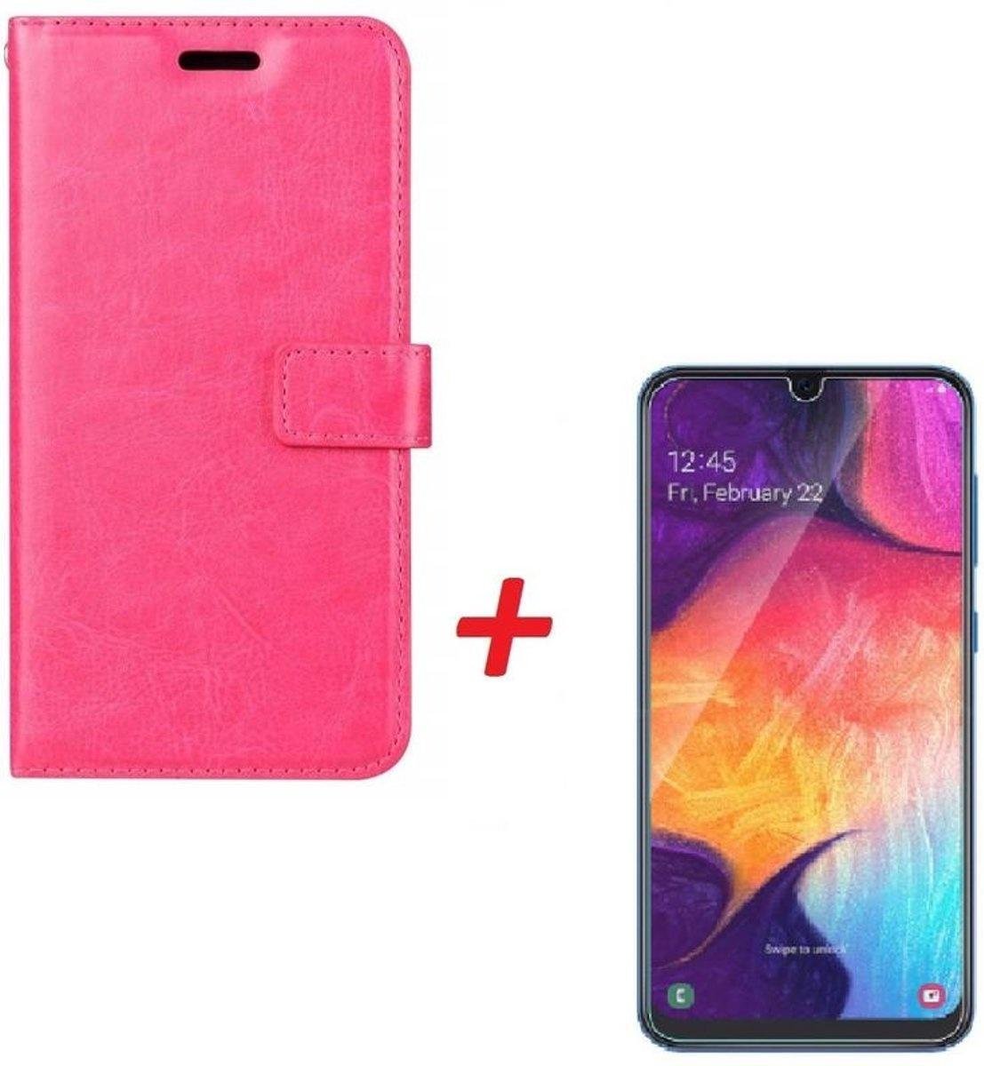 Samsung Galaxy A70 telefoon hoesje met pasjeshouder - Pink Met Screenprotector - van Bixb
