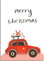DesignClaud Kerstposter Merry Christmas Rode Auto - Kerstdecoratie Kleurrijk A2 + Fotolijst wit