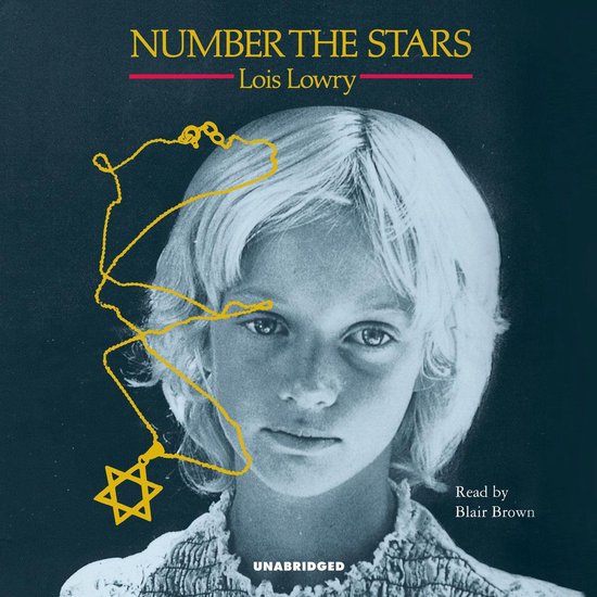 Boek "Number the Stars" van Lois Lowry met een portret van een jong meisje met kort blond haar en een Davidster-ketting.