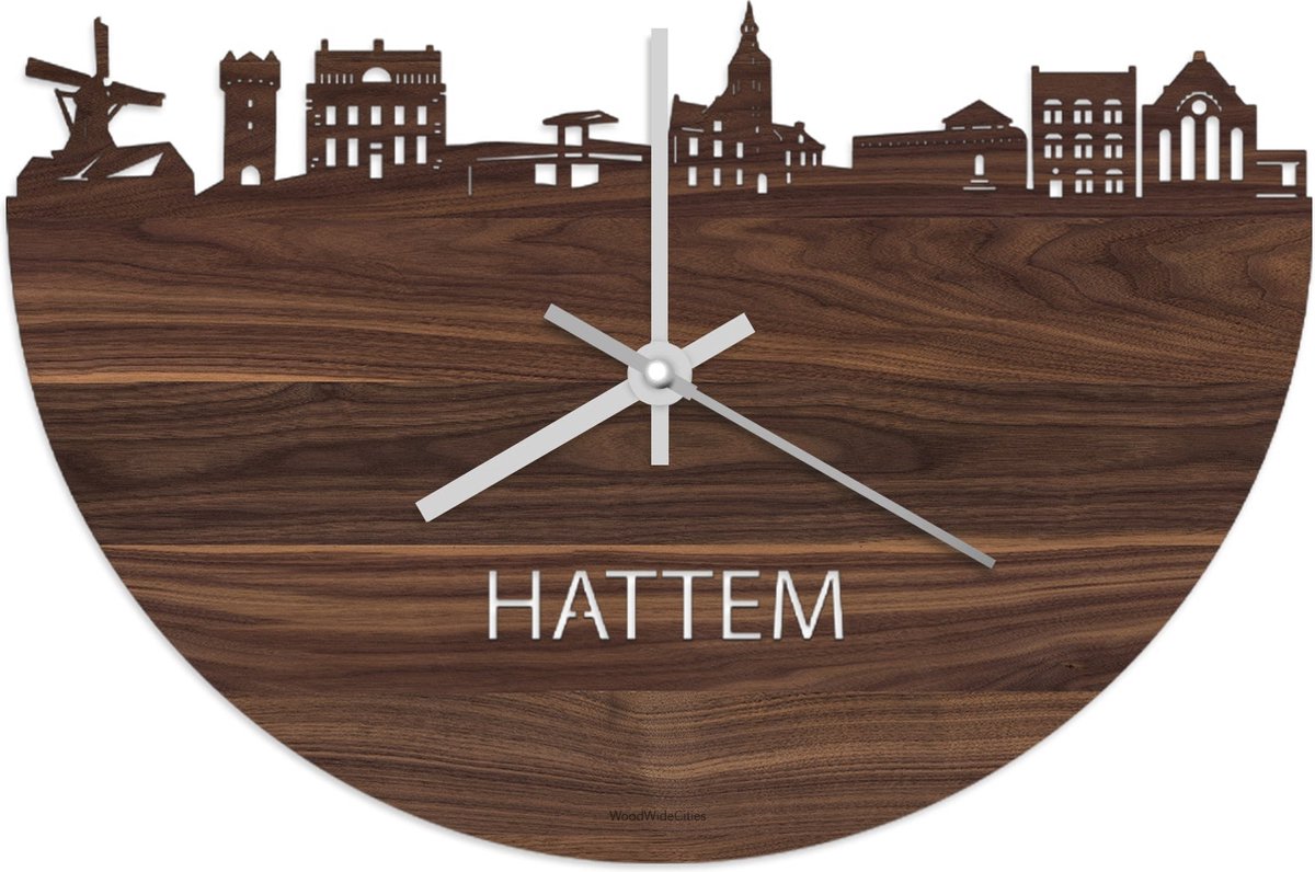 Skyline Klok Hattem Notenhout - Ø 40 cm - Stil uurwerk - Wanddecoratie - Meer steden beschikbaar - Woonkamer idee - Woondecoratie - City Art - Steden kunst - Cadeau voor hem - Cadeau voor haar - Jubileum - Trouwerij - Housewarming - WoodWideCities