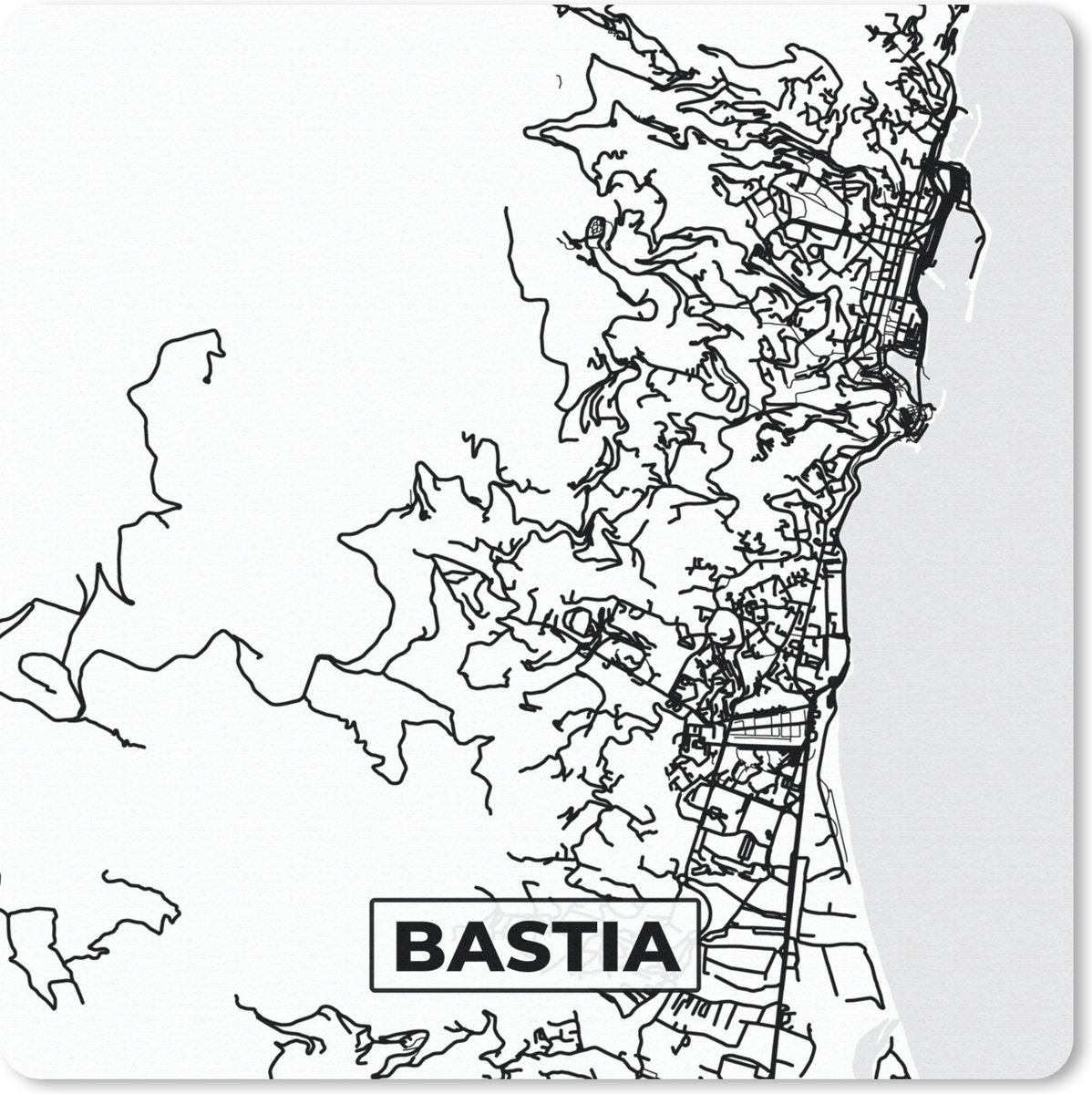 Muismat 30x30 cm - Mousepad Frankrijk – Kaart – Plattegrond – Stadskaart - Bastia - Zwart wit - Muismatten - Stadskaart