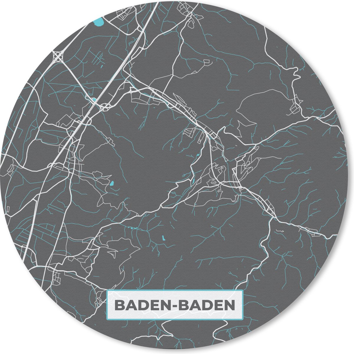 Muismat rond 50x50 cm - Mousepad Baden Baden – Stadskaart – Blauw – Plattegrond – Stadskaart – Kaart - Duitsland - Ronde muismatten - Stadskaart