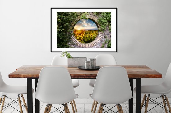 Cadre photo avec affiche - Tournesols - Vue à travers - Fleurs - Soleil - 90x60 cm - Cadre pour affiche