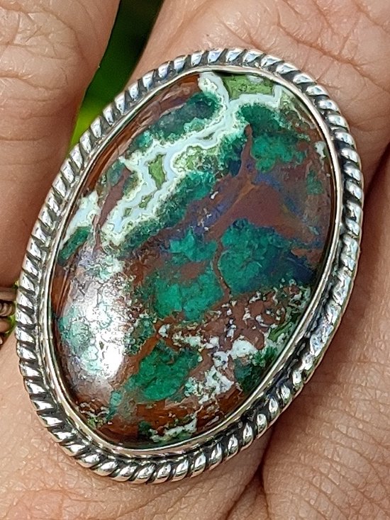 Zilveren ring - asymmetrische Crysocolla steen - bruin, groen en wit - handgemaakt