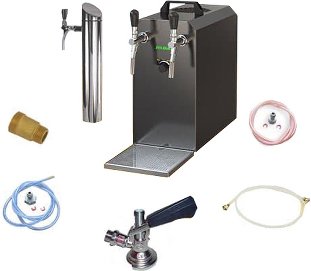 Complete onderbouwset - dispensersysteem STREAM 50K met luchtpomp, bierkoffer, doorstroomkoeler 2-lijns droog koeler, tot 55 liter/u - BLACK EDITION, Type S, NC Adapter