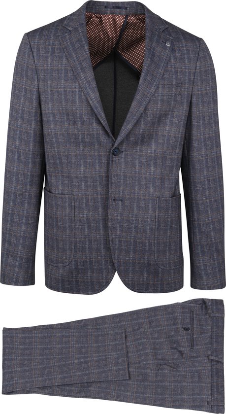 Suitable - Kostuum Jersey Grijs Blauw Ruit - Heren - Maat 48 - Slim-fit