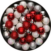 42x Stuks kunststof kerstballen mix wit/zilver/rood 3 cm - Kleine kerstballetjes - Kerstboomversiering