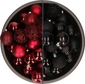 Bellatio Decorations Kerstballen mix - 74-delig - donkerrood en zwart - 6 cm - kunststof