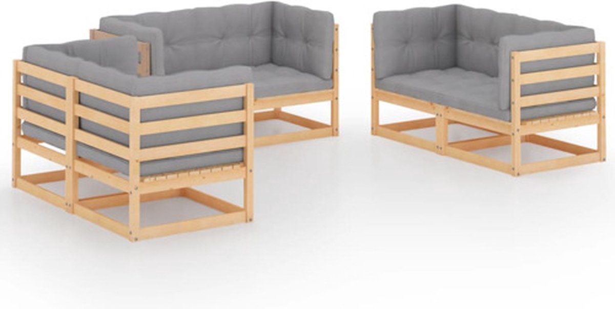 vidaXL 6-delige - Loungeset - met - kussens - massief - grenenhout Naturel