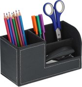 Relaxdays bureau organizer kunstleer - pennenbak - desk organizer met 3 vakken - make up - zwart