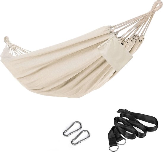 SONGMICS Hangmat, gewatteerde stoffen hangmat met afneembare gebogen bamboe spreider, kussen, 200 x 140 cm, draagvermogen 225 kg, grijs en beige ruit