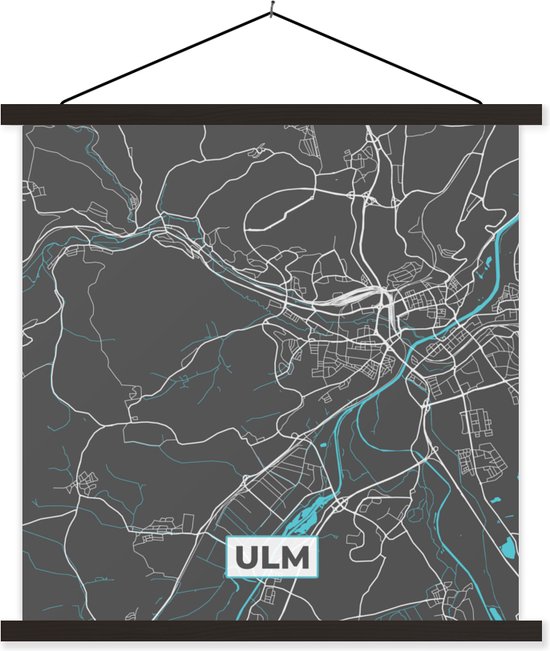 Porte-affiche avec affiche - Affiche scolaire - Plan de la ville - Carte - Allemagne - Blauw - Ulm - Carte - 60x60 cm - Lattes noires