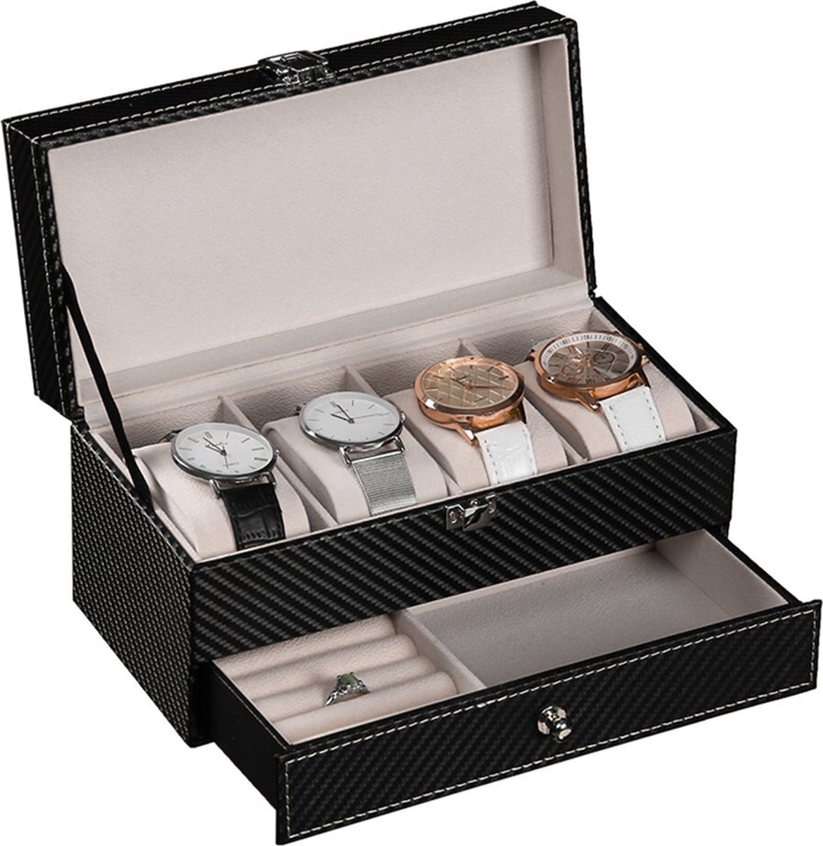 Confibel Compacte Sieraden en Horloge Doos Box - Luxe Bijouterie Kistje - Juwelen Box met Houder - 6 Vakken - Ketting/Ring/Oorbellen - Zwart