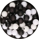 Set van 40x stuks kunststof kerstballen mix zwart en wit 3 cm - Kerstversiering