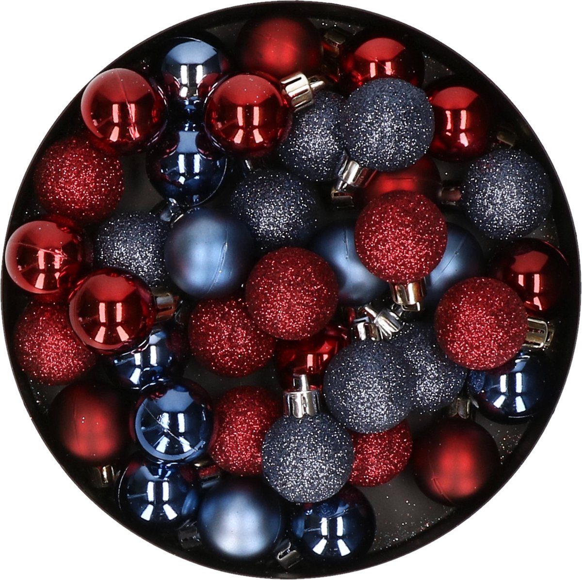 40-delige set kunststof kerstballen mix, donkerrood en donkerblauw, 3 cm.