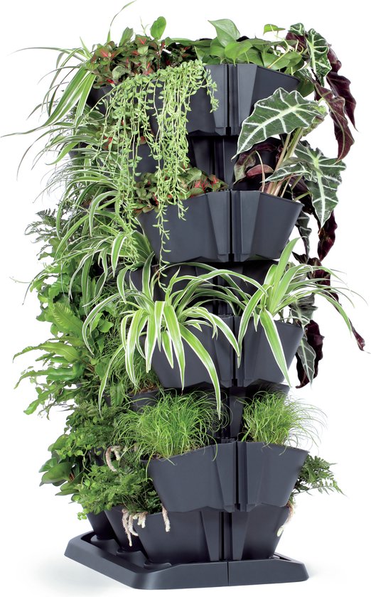 Donkergrijze modulaire verticale tuinpotten, opgestapeld in drie rijen van vier, met een brede basis.