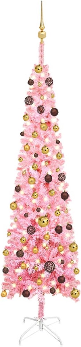 VidaLife Kerstboom met LED's en kerstballen smal 210 cm roze