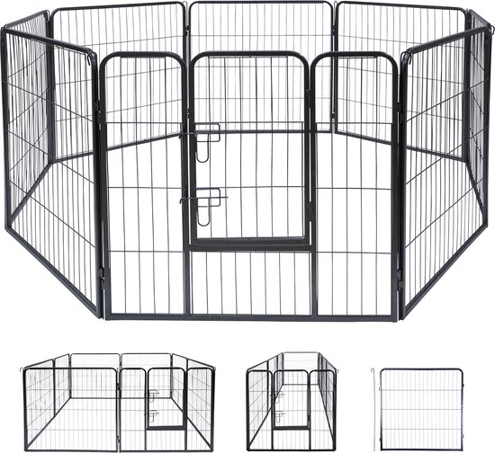 Katten- en Hondenren - 210 x 80 CM - Opvouwbaar - Opzetten in Verschillende Vormen - Binnen- en Buitengebruik - Katten- en Hondenkennel - Metaal - Zwart