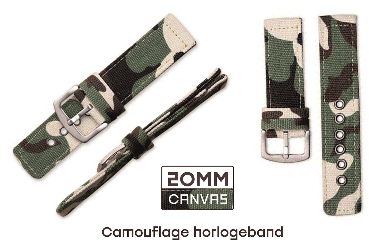 20mm Canvas Horlogeband met Camouflage print Groen bruin passend op o.a Casio Seiko Citizen en alle andere merken | Horlogebandje | Horloge band