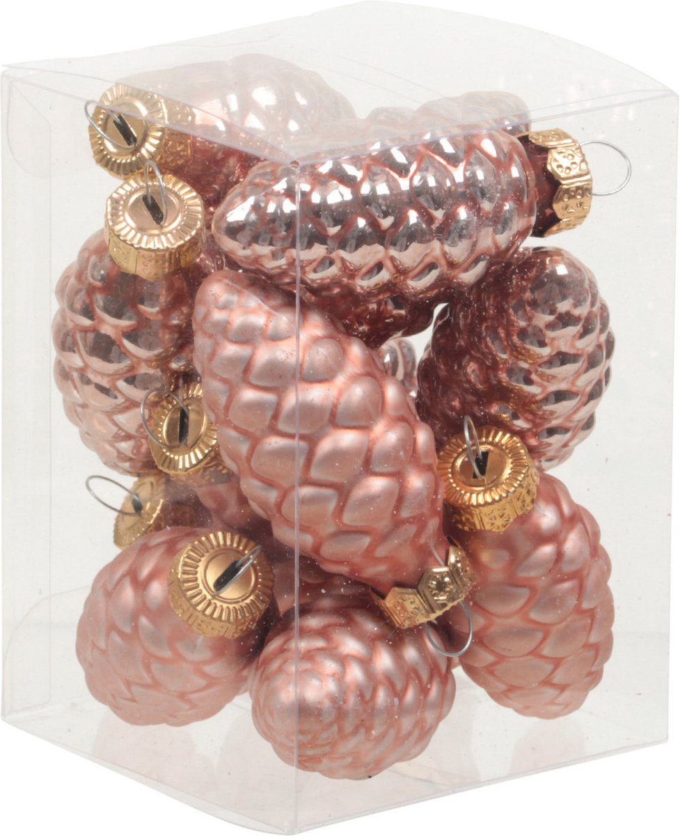 Othmar Decorations Dennenappel kersthangers glas - 6 cm - mat - glans - 12x koraal roze Zalmroze