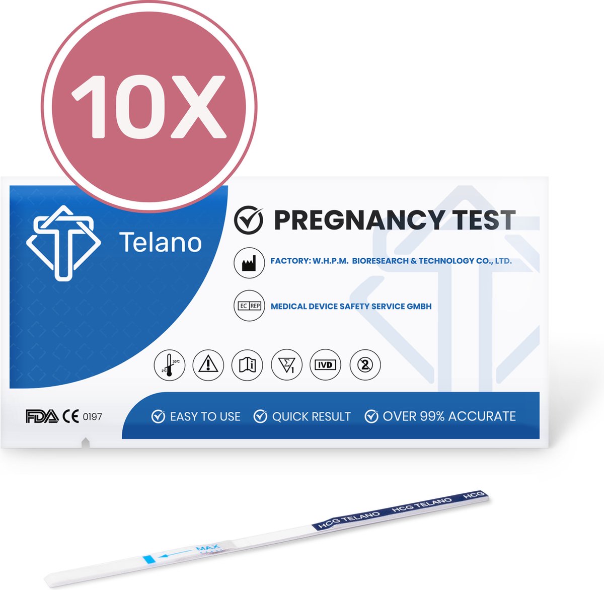 Telano Zwangerschapstest 10 stuks Extra Vroeg Dipstick - Strip Extra Gevoelig - Telano