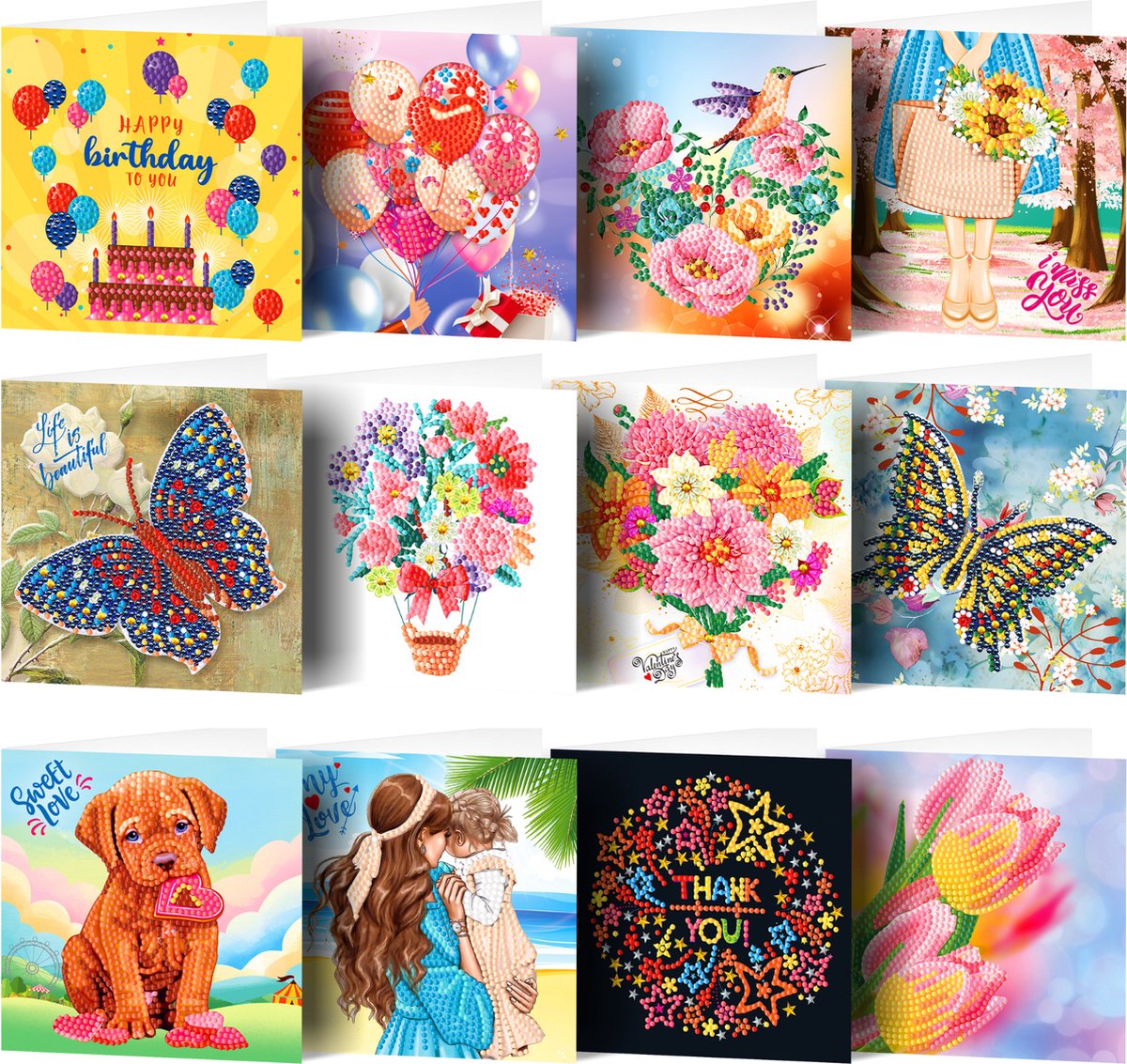 Adorzy Diamond Painting Kaarten – 12 Wenskaarten met envelop - Diamond Painting Volwassenen – Diamond Painting Volledig Pakket
