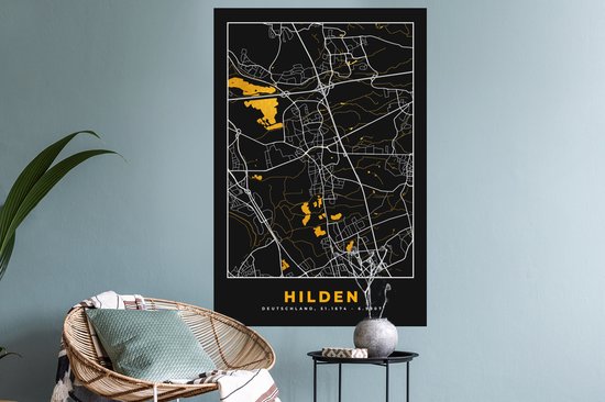 Muurstickers - Sticker Folie - Duitsland – Black and Gold – Hilden – Stadskaart – Kaart – Plattegrond - 60x90 cm - Plakfolie - Muurstickers Kinderkamer - Zelfklevend Behang - Zelfklevend behangpapier - Stickerfolie