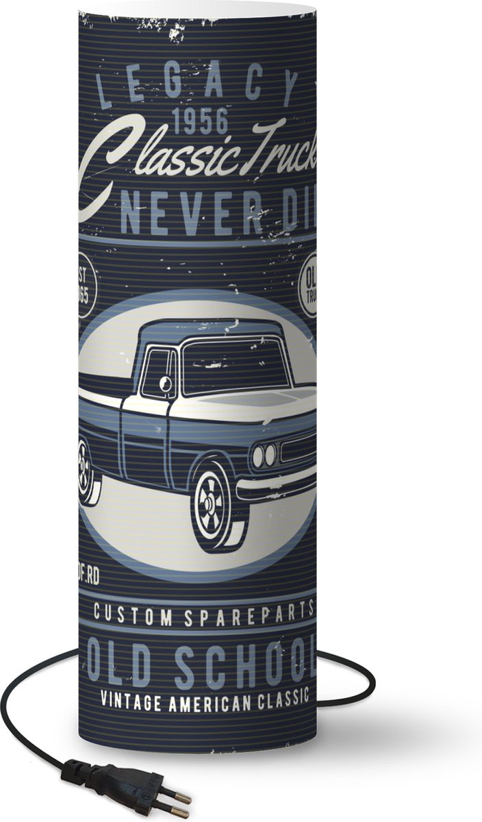 Lamp - Nachtlampje - Tafellamp slaapkamer - Auto - Blauw - Vintage - Tekening - 70 cm hoog - Ø22.3 cm - Inclusief LED lamp