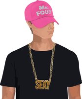 Foute party Mr. FOUT verkleed set pet roze/zilver voor heren met een plastic sexy ketting