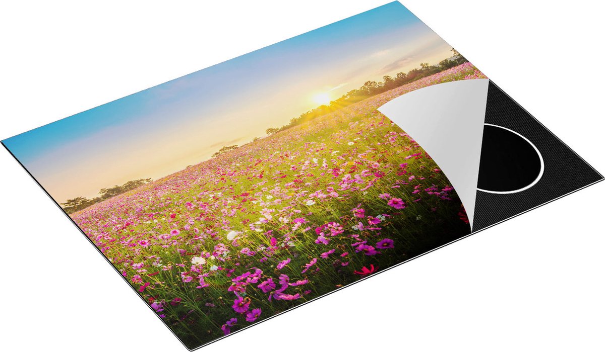 Chefcare Inductie Beschermer Bloemenveld met Roze Kosmos - 71x52 cm - Afdekplaat Inductie - Kookplaat Beschermer - Inductie Mat