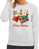 Foute Kersttrui / sweater kerstsokken met diertjes - Merry Christmas - grijs voor dames XL