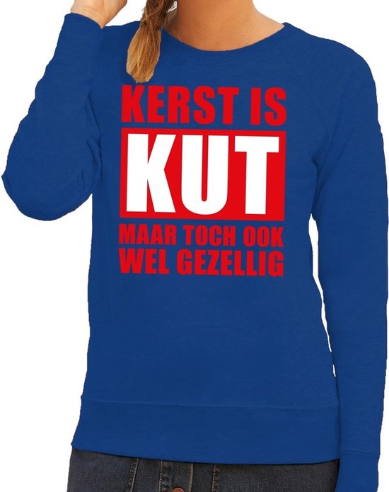 Bellatio Decorations Foute Kersttrui - Kerst is kut maar toch ook wel gezellig - blauw - voor dames L