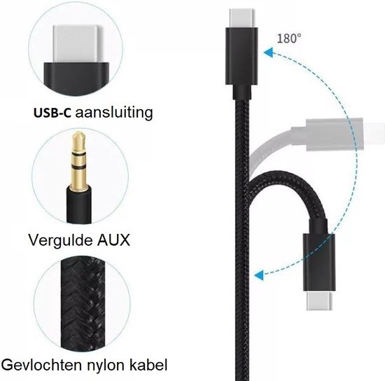 Zwarte gevlochten AUX naar USB-C kabel, met vergulde AUX-stekker en USB-C aansluiting die 180 graden kan draaien.