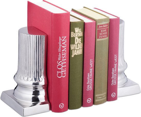 Relaxdays boekensteun zilver - set van 2 - boekenstandaard metaal - boekenhouder zuil