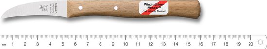 Gebogen mes met houten handvat en rode "Windmühlen Messer das scharfe Messer" sticker, met liniaal.