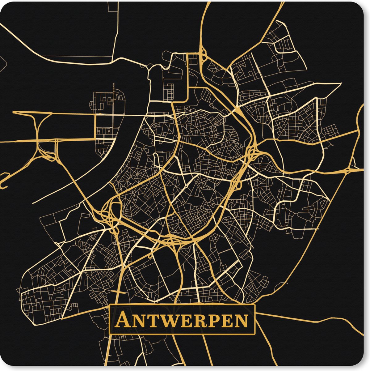 Muismat XXL 60x60 cm - Bureau onderlegger - Bureau mat Kaart - Antwerpen - Simpel - Goud - Zwart - Bureaumat - Gaming mousepad xl - Bureaulegger groot - Computer deskmat