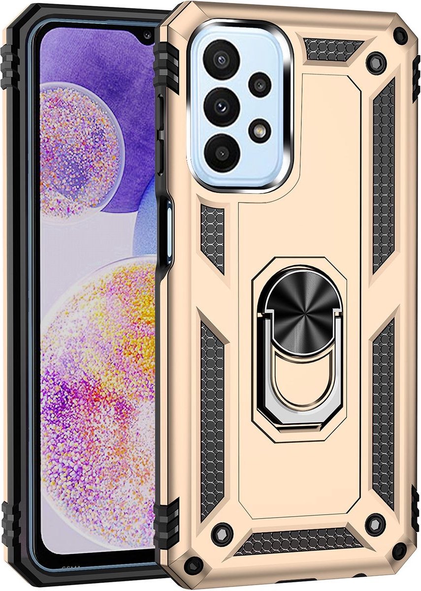 Mobigear Hoesje geschikt voor Samsung Galaxy A23 Telefoonhoesje Hardcase | Mobigear Armor Ring Backcover Shockproof met Ringhouder | Schokbestendig Galaxy A23 Telefoonhoesje | Anti Shock Proof - Goud